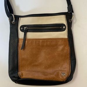 THE SAK Leather Crossbody Shoulder Colorblock Bag in Tan, Black, and Ivory.